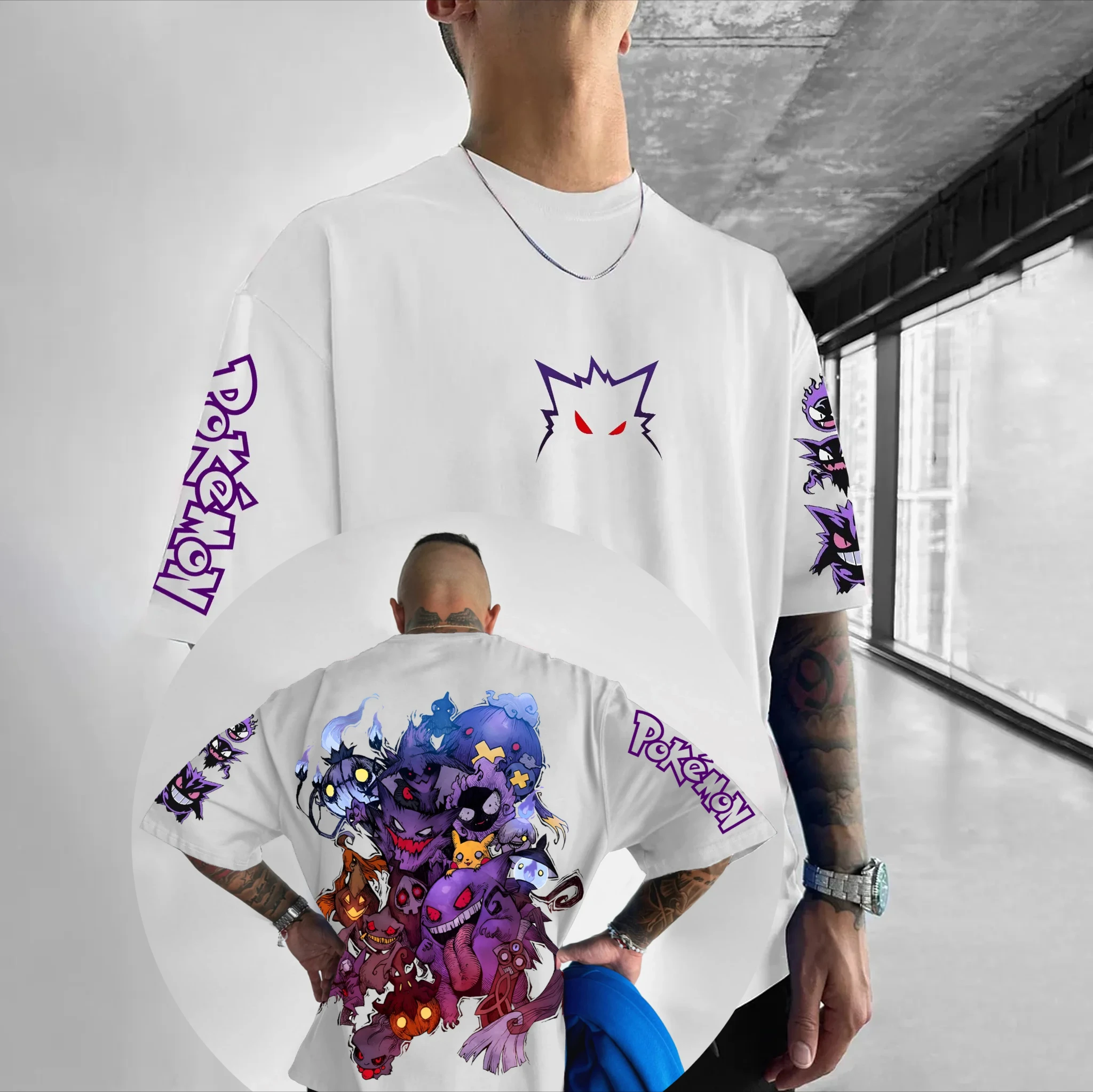 Pokémon Animation Derivatives Gengar Printing T-shirt Men's and Women's Summer Oversize Loose Cotton Street Trend Brand Top