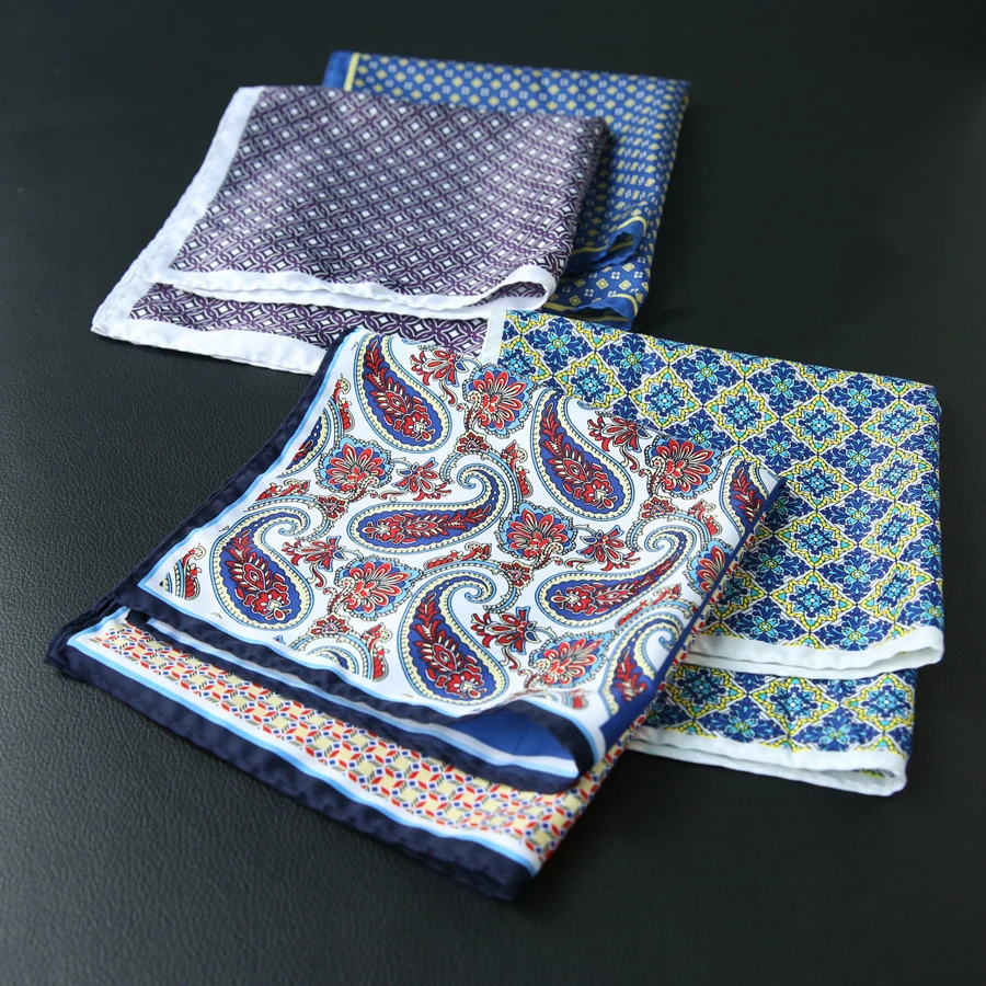 32cm Fashion Mens Oversized Polka Dot Pocket Square Elegant Silky Floral Navy Blue Handkerchief Wedding Tuxedo Accessories Hanky