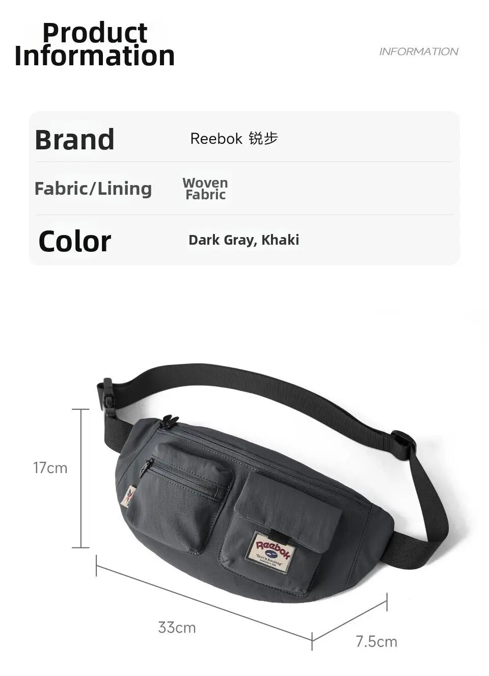 REEBOK Casual Lightweight Crossbody Waist Bag Unisex Outdoor Sport Fanny Pack Women Men Phone Side Belt Bag Bum Bag