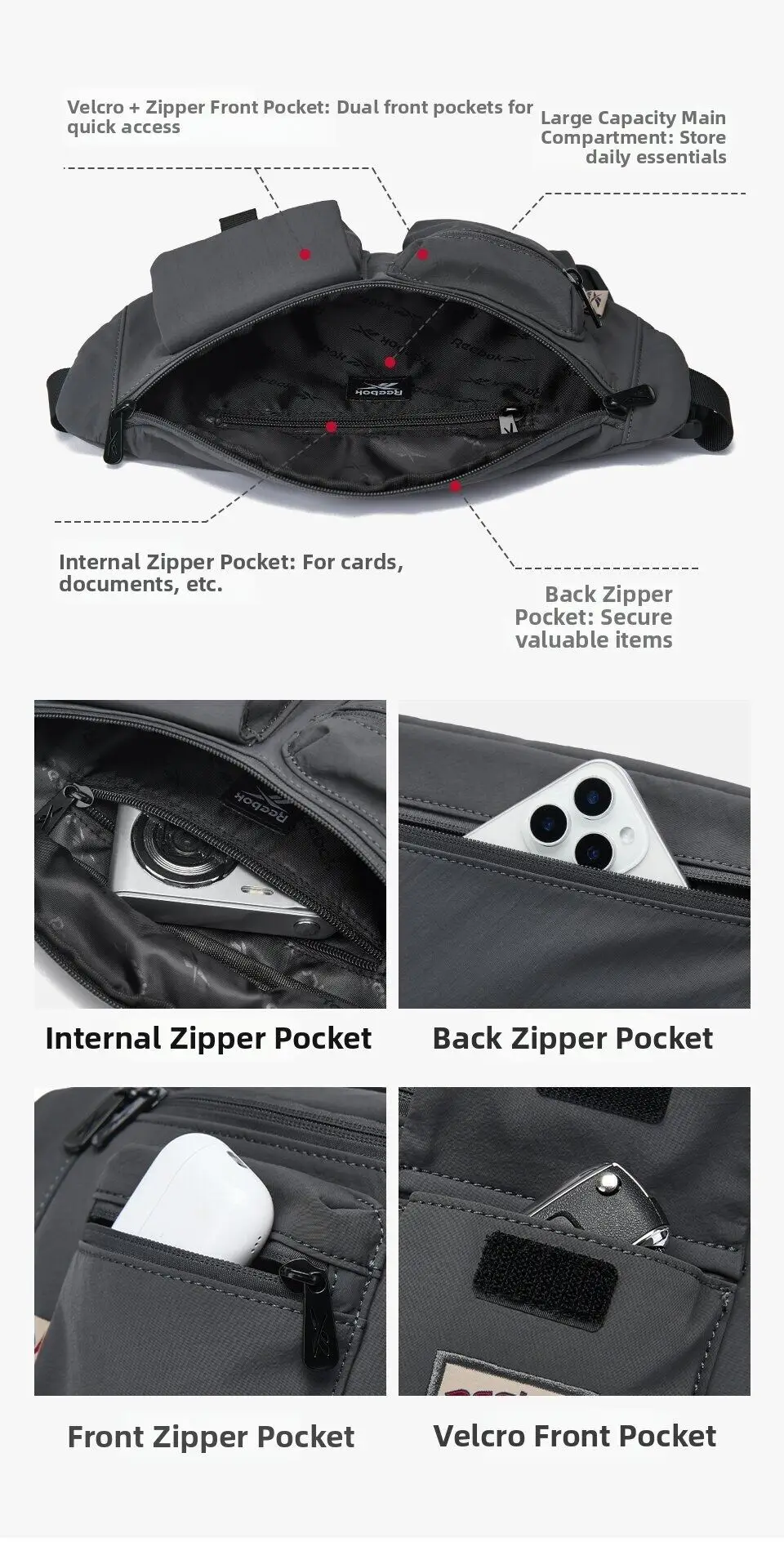 REEBOK Casual Lightweight Crossbody Waist Bag Unisex Outdoor Sport Fanny Pack Women Men Phone Side Belt Bag Bum Bag