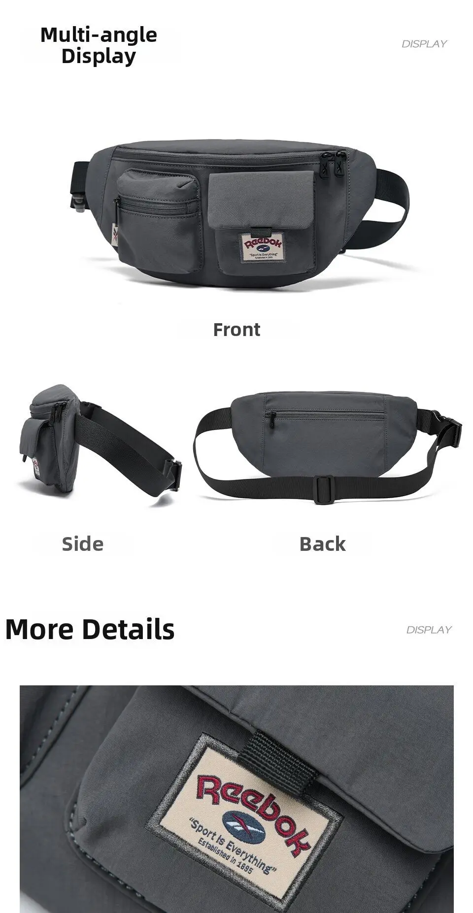 REEBOK Casual Lightweight Crossbody Waist Bag Unisex Outdoor Sport Fanny Pack Women Men Phone Side Belt Bag Bum Bag