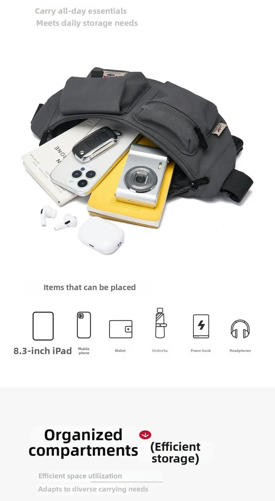 REEBOK Casual Lightweight Crossbody Waist Bag Unisex Outdoor Sport Fanny Pack Women Men Phone Side Belt Bag Bum Bag