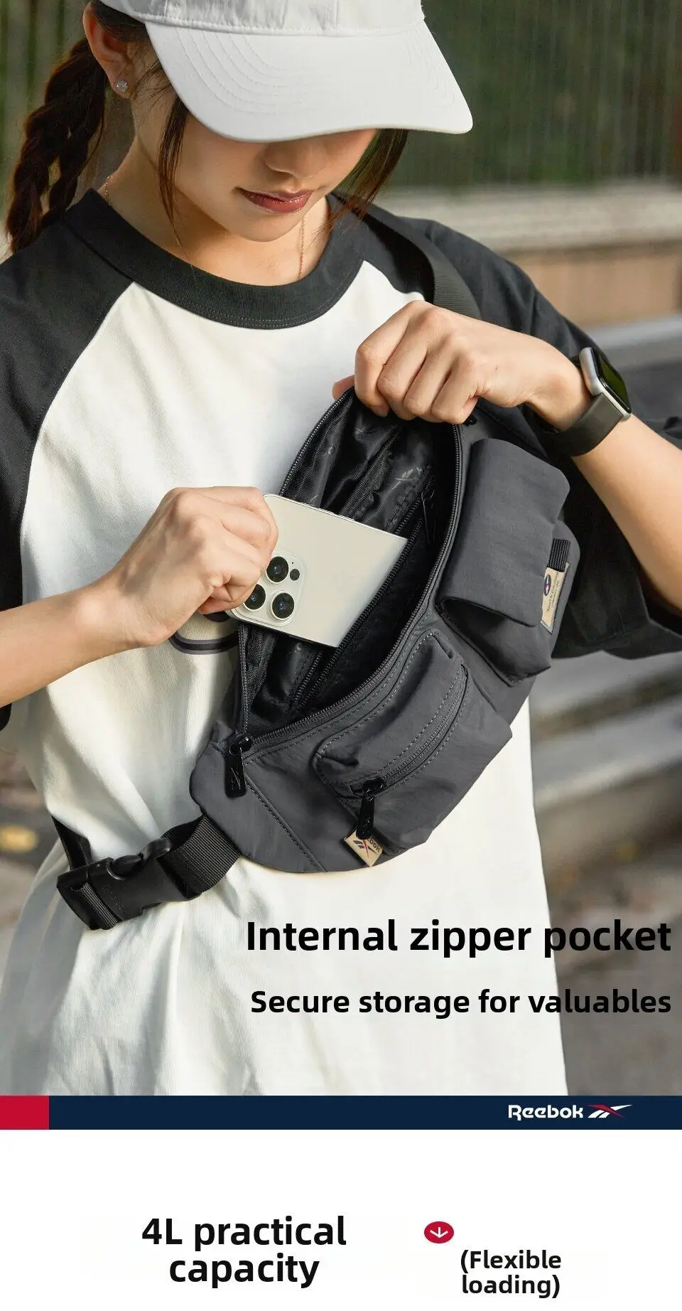 REEBOK Casual Lightweight Crossbody Waist Bag Unisex Outdoor Sport Fanny Pack Women Men Phone Side Belt Bag Bum Bag
