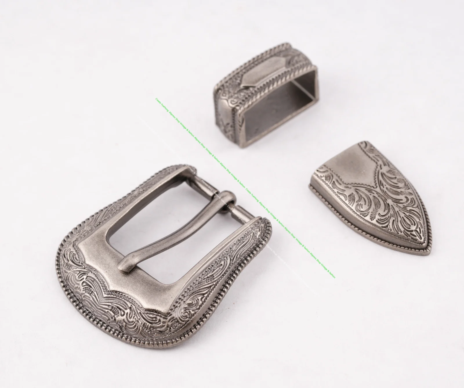 Vintage Western Cowboy Style Leathercraft Belt Buckle Set 3-Piece Flower Engraved Metal Set for 1" Leather Straps