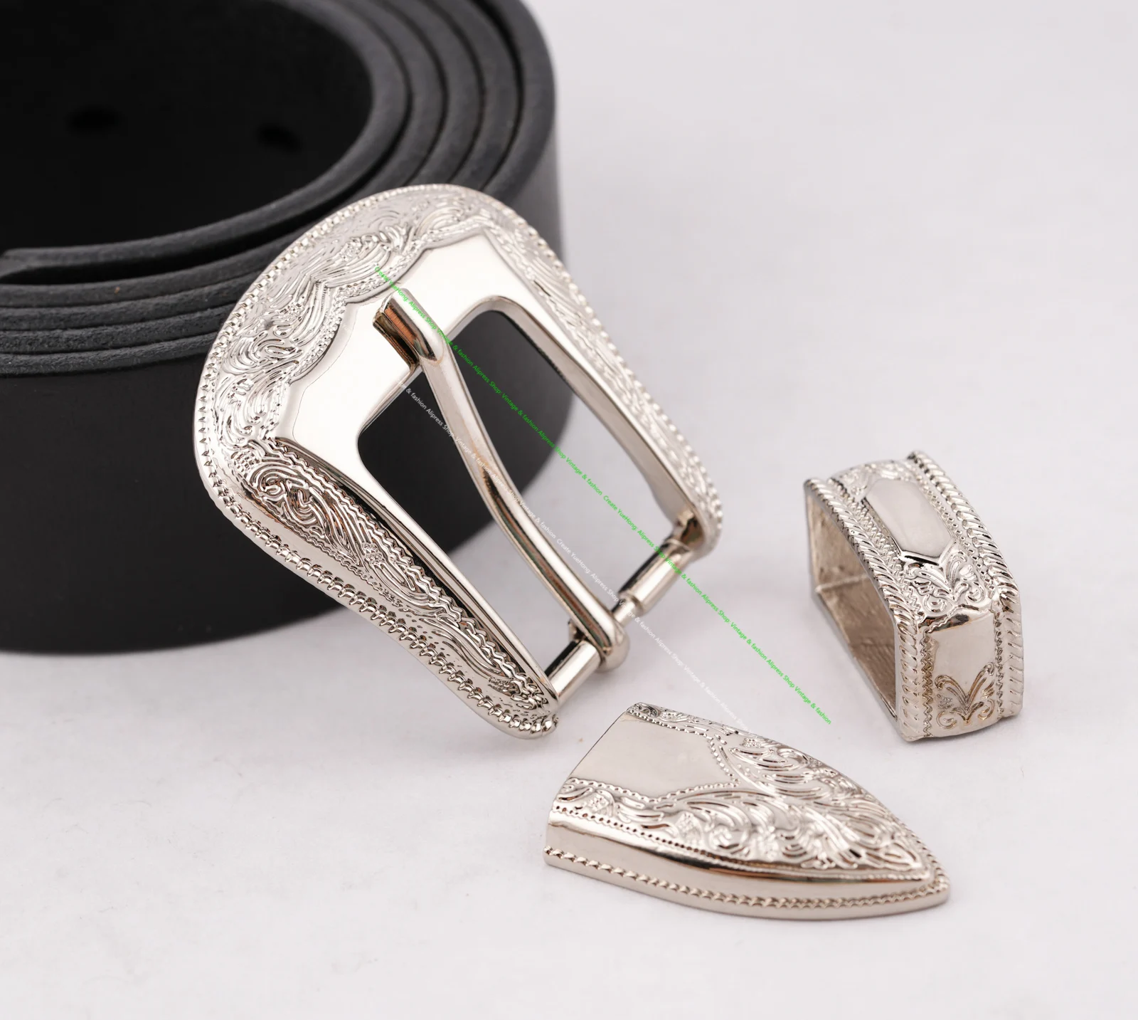 Vintage Western Cowboy Style Leathercraft Belt Buckle Set 3-Piece Flower Engraved Metal Set for 1" Leather Straps