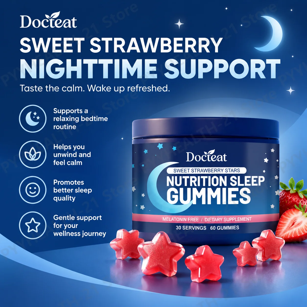 Docteat Sleep Gummies Magnesium L-Theanine Valerian Chamomile Supports Restful Better Sleep Relaxation Calm Unwind Bedtime 60pcs