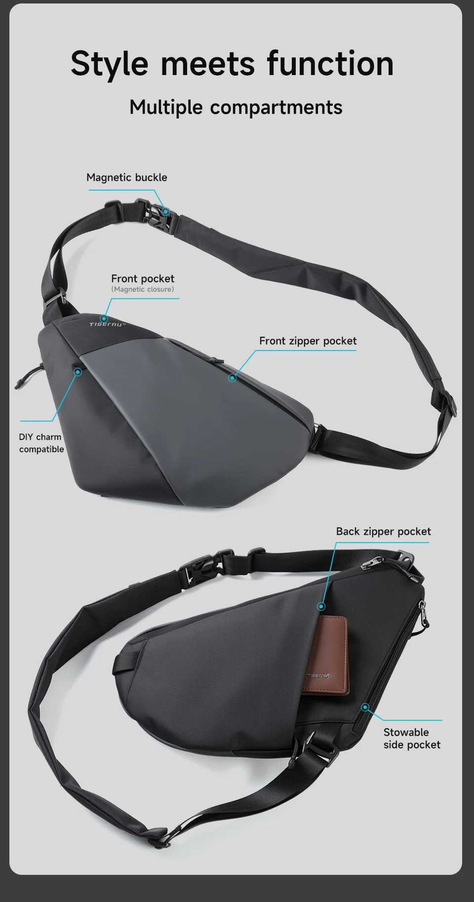 Tigernu Men Waterproof Crossbody Sling Bag Magnetic Buckle Multi Pocket Chest Bag For Travel Daily Commute