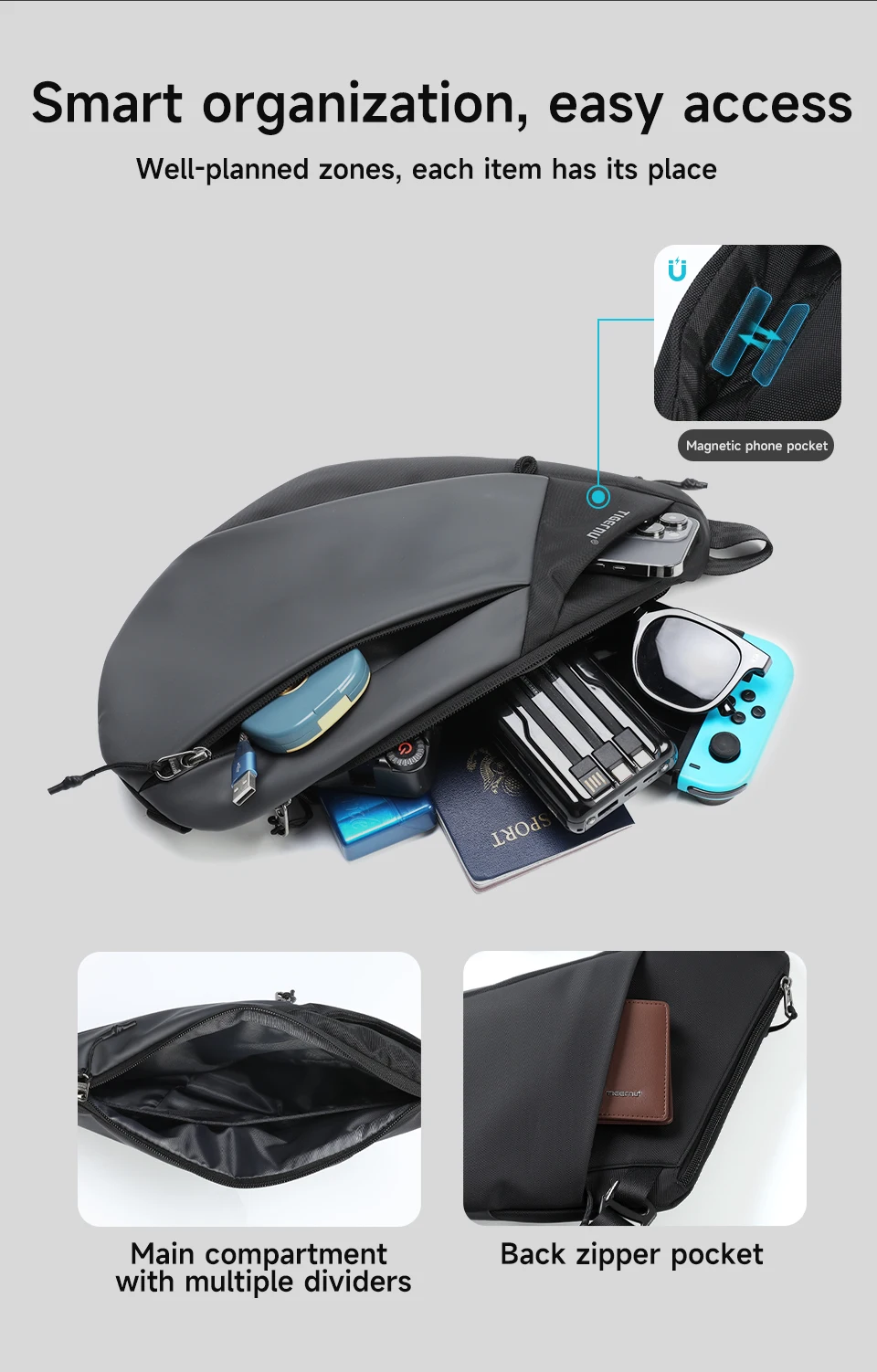 Tigernu Men Waterproof Crossbody Sling Bag Magnetic Buckle Multi Pocket Chest Bag For Travel Daily Commute