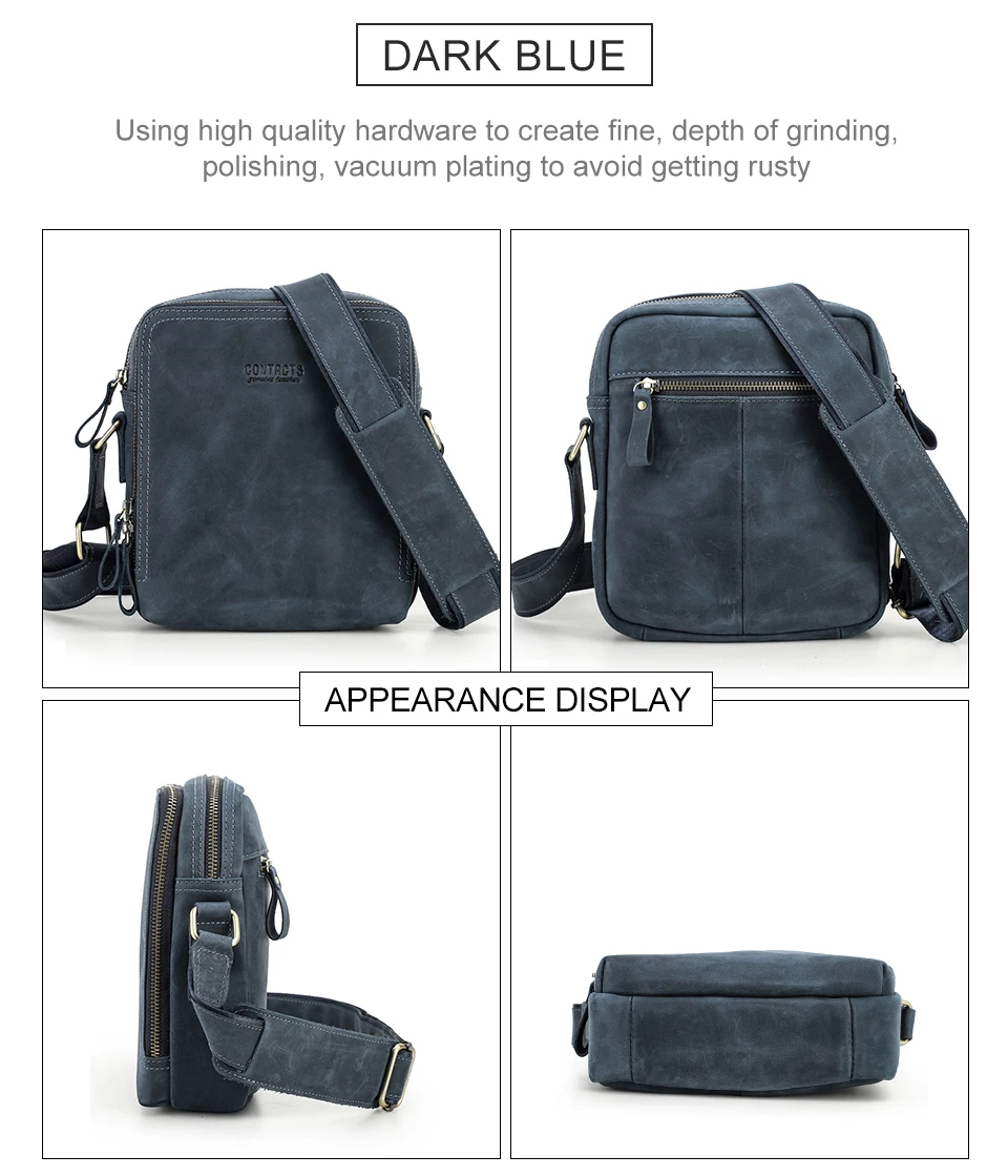 CONTACT'S Vintage Men's Messenger Bag Crazy Horse Genuine Leather Shoulder Bags Brand Design Male Bag High Quality Travel Bolsos