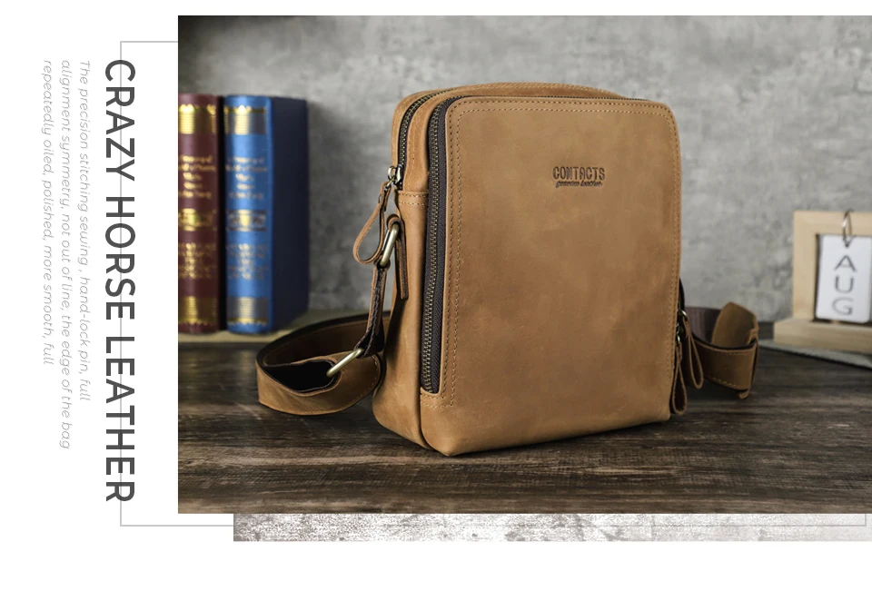 CONTACT'S Vintage Men's Messenger Bag Crazy Horse Genuine Leather Shoulder Bags Brand Design Male Bag High Quality Travel Bolsos