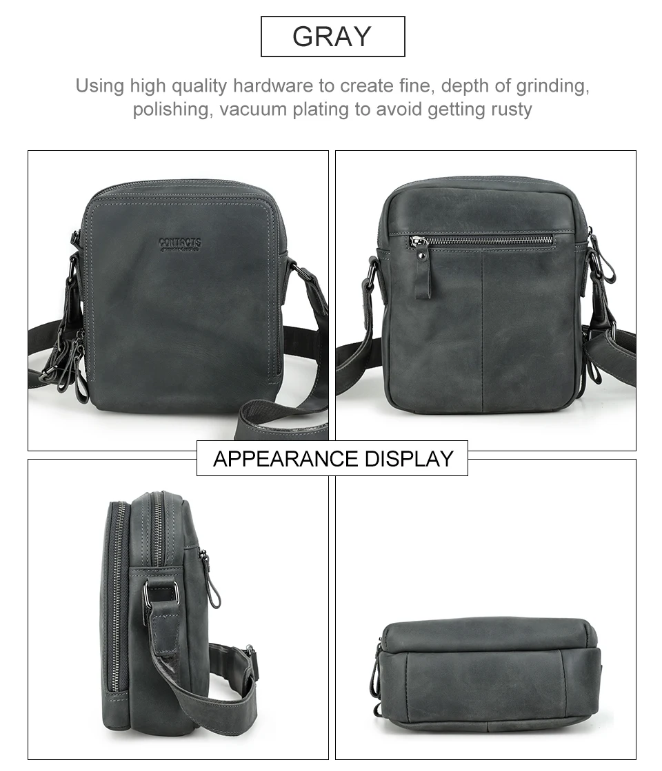 CONTACT'S Vintage Men's Messenger Bag Crazy Horse Genuine Leather Shoulder Bags Brand Design Male Bag High Quality Travel Bolsos