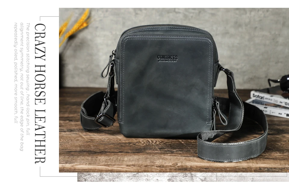 CONTACT'S Vintage Men's Messenger Bag Crazy Horse Genuine Leather Shoulder Bags Brand Design Male Bag High Quality Travel Bolsos