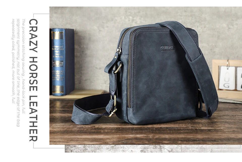 CONTACT'S Vintage Men's Messenger Bag Crazy Horse Genuine Leather Shoulder Bags Brand Design Male Bag High Quality Travel Bolsos