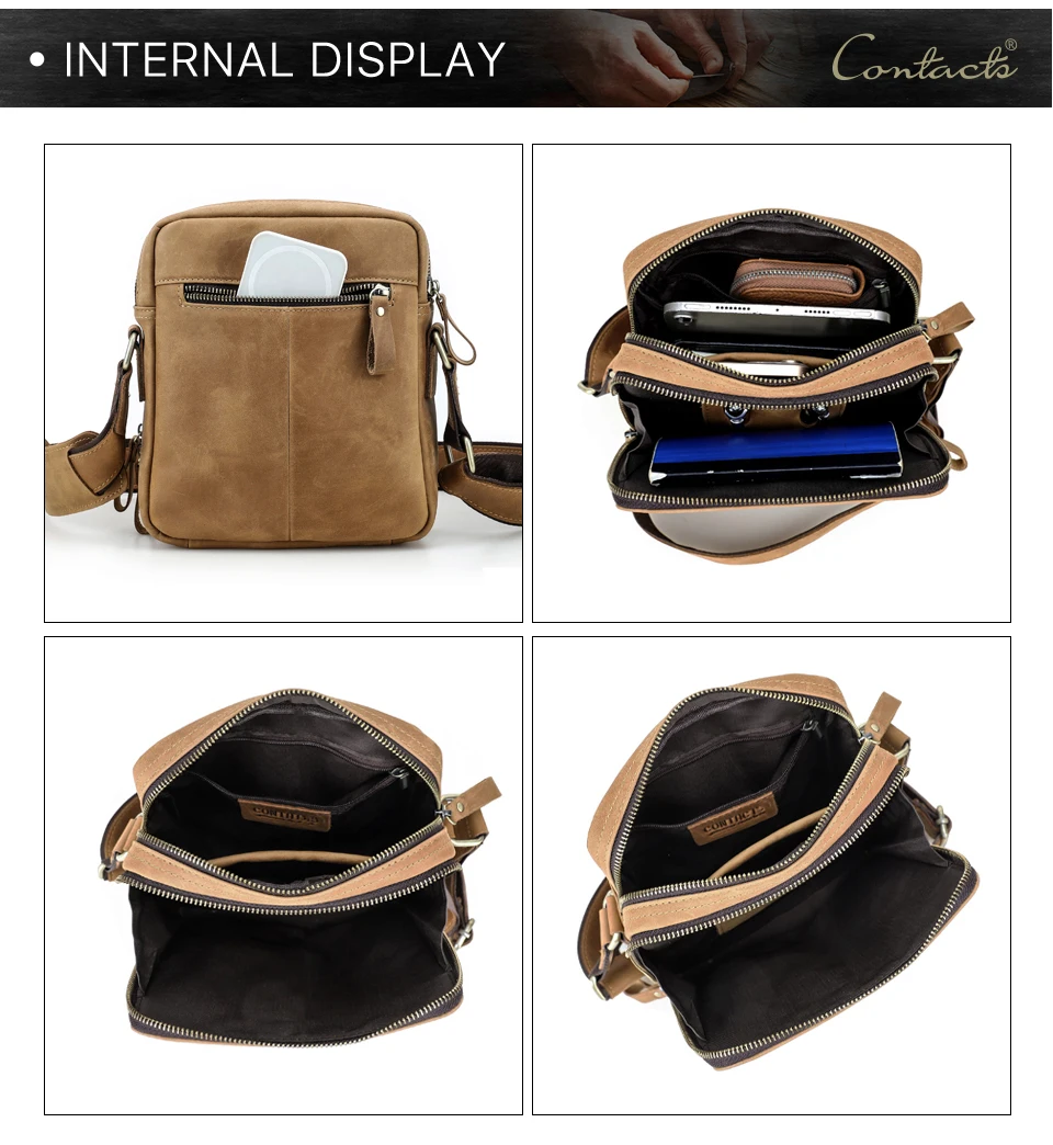 CONTACT'S Vintage Men's Messenger Bag Crazy Horse Genuine Leather Shoulder Bags Brand Design Male Bag High Quality Travel Bolsos