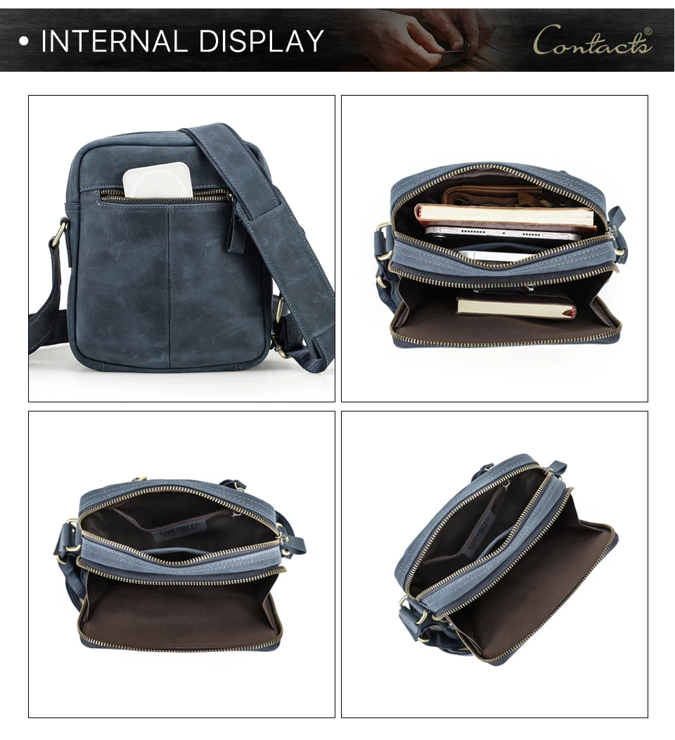 CONTACT'S Vintage Men's Messenger Bag Crazy Horse Genuine Leather Shoulder Bags Brand Design Male Bag High Quality Travel Bolsos