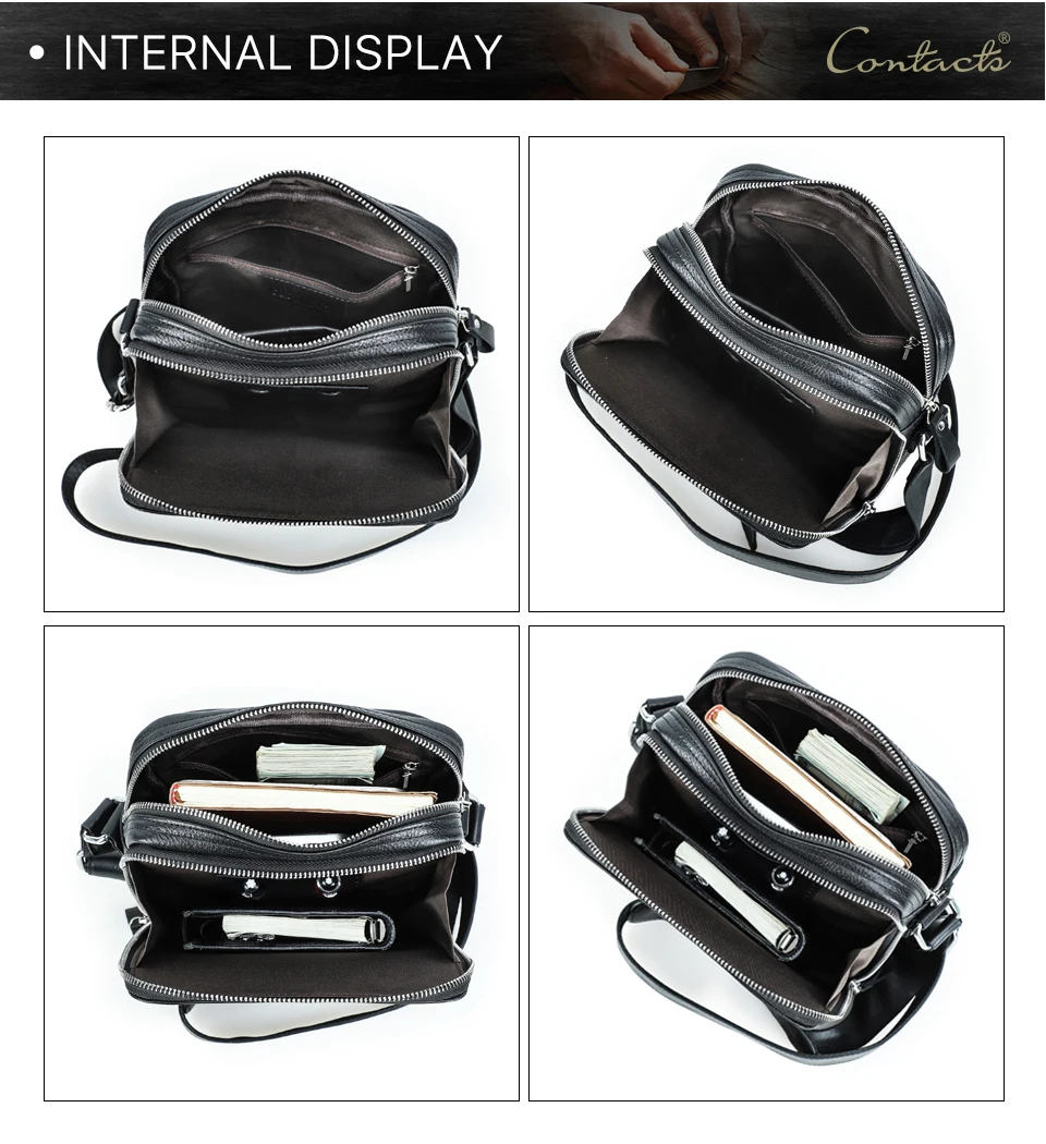 CONTACT'S Vintage Men's Messenger Bag Crazy Horse Genuine Leather Shoulder Bags Brand Design Male Bag High Quality Travel Bolsos