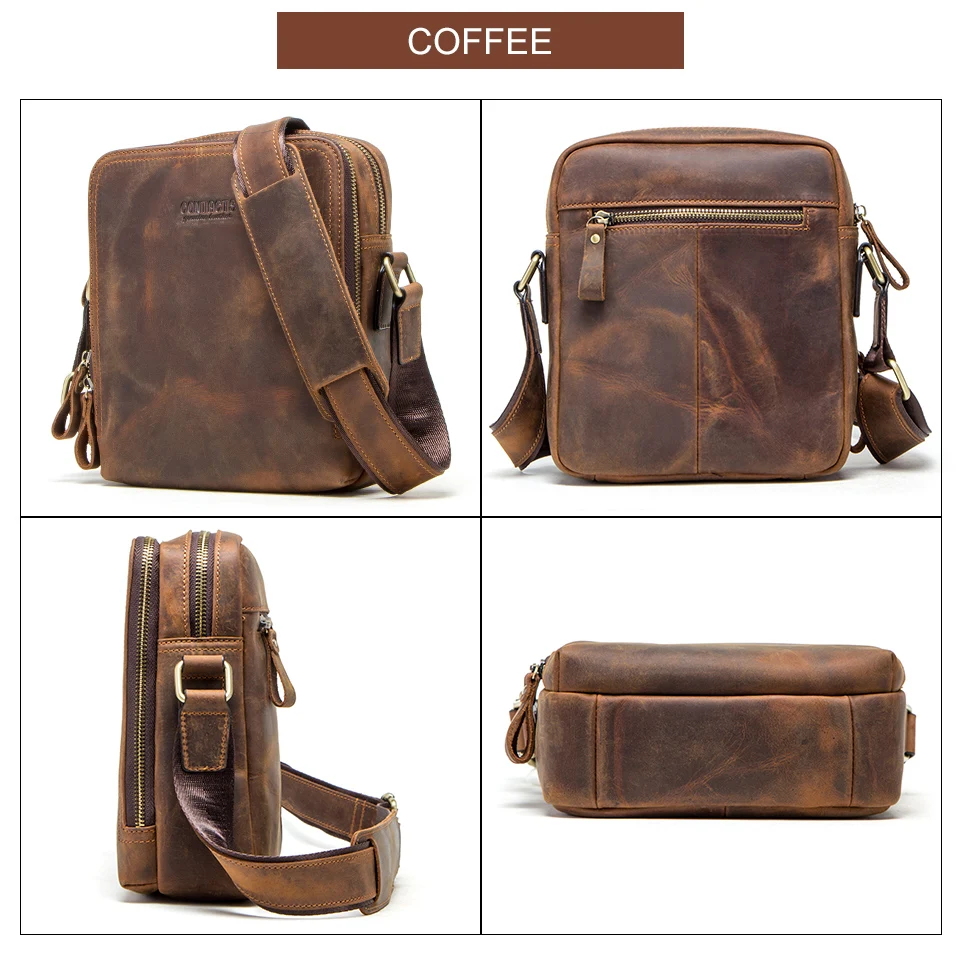 CONTACT'S Vintage Men's Messenger Bag Crazy Horse Genuine Leather Shoulder Bags Brand Design Male Bag High Quality Travel Bolsos
