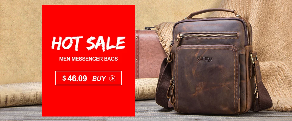 CONTACT'S Vintage Men's Messenger Bag Crazy Horse Genuine Leather Shoulder Bags Brand Design Male Bag High Quality Travel Bolsos