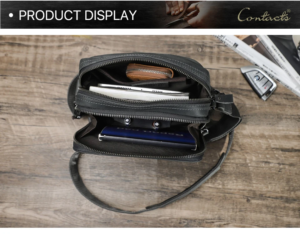 CONTACT'S Vintage Men's Messenger Bag Crazy Horse Genuine Leather Shoulder Bags Brand Design Male Bag High Quality Travel Bolsos