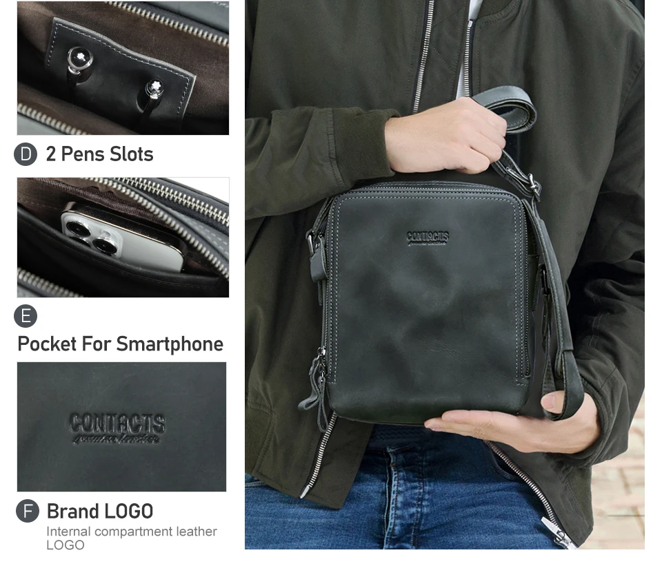 CONTACT'S Vintage Men's Messenger Bag Crazy Horse Genuine Leather Shoulder Bags Brand Design Male Bag High Quality Travel Bolsos