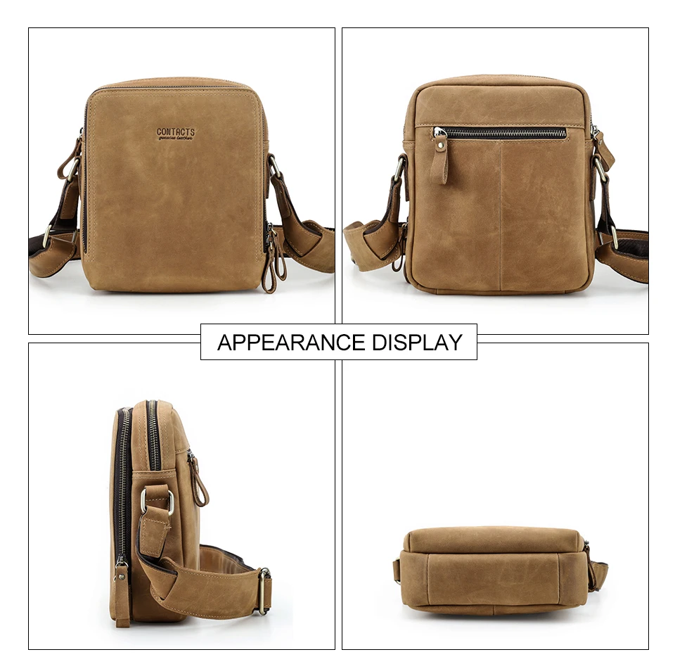 CONTACT'S Vintage Men's Messenger Bag Crazy Horse Genuine Leather Shoulder Bags Brand Design Male Bag High Quality Travel Bolsos