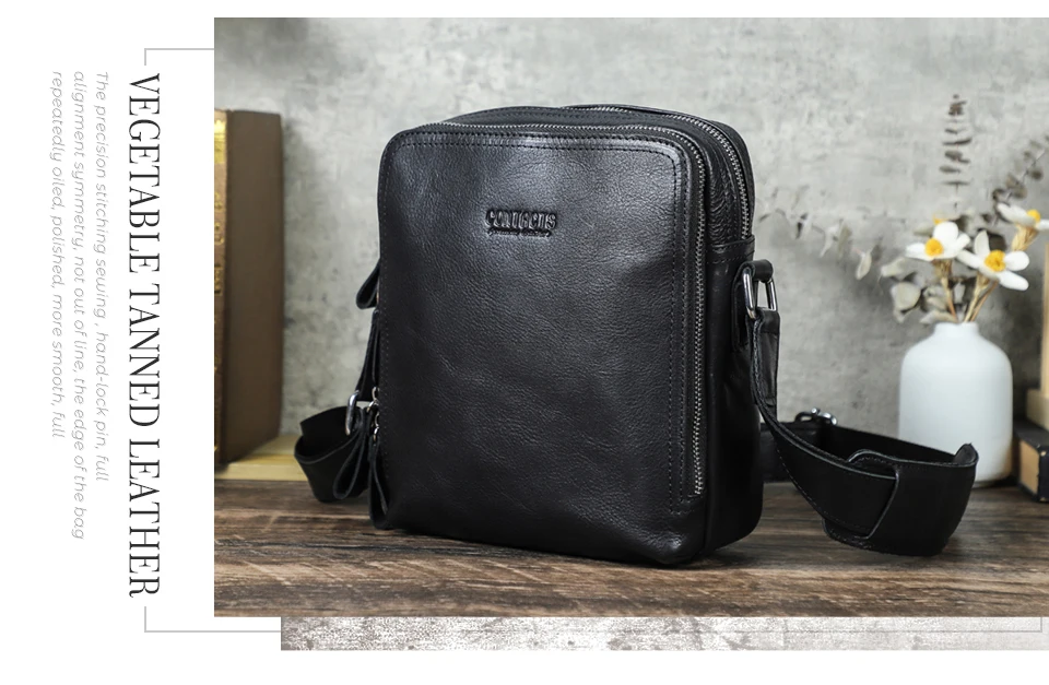 CONTACT'S Vintage Men's Messenger Bag Crazy Horse Genuine Leather Shoulder Bags Brand Design Male Bag High Quality Travel Bolsos