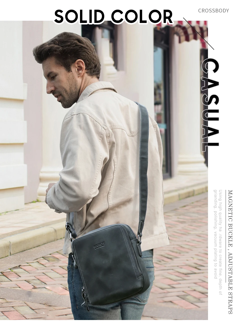 CONTACT'S Vintage Men's Messenger Bag Crazy Horse Genuine Leather Shoulder Bags Brand Design Male Bag High Quality Travel Bolsos