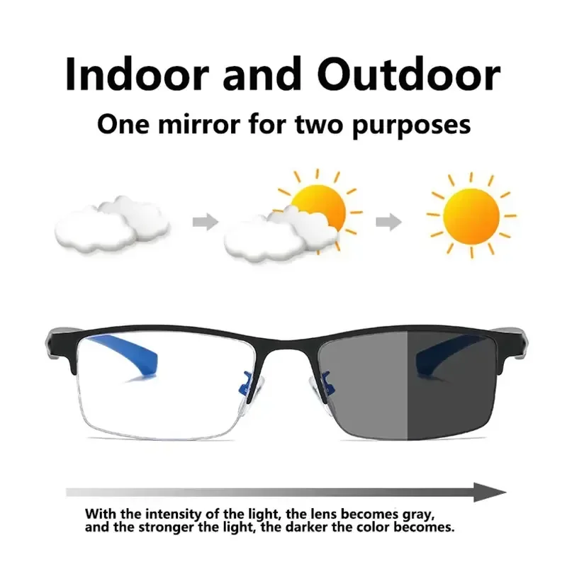 Anti-blue Light Photochromic Far Sight Glasses Business Metal Half Frame Reading Glasses Men High-definition Presbyopia Glasses