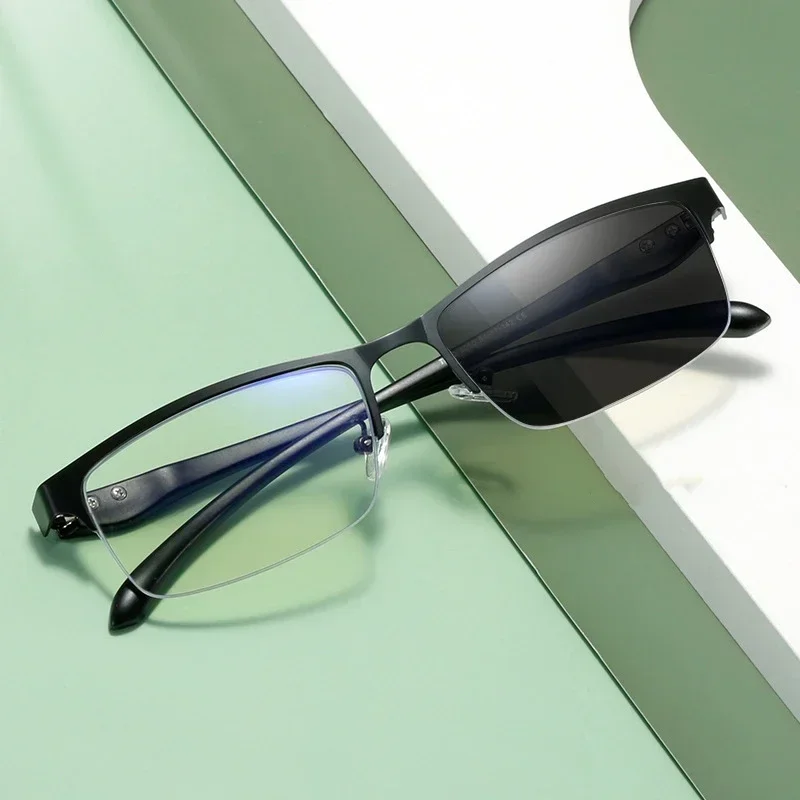 Anti-blue Light Photochromic Far Sight Glasses Business Metal Half Frame Reading Glasses Men High-definition Presbyopia Glasses