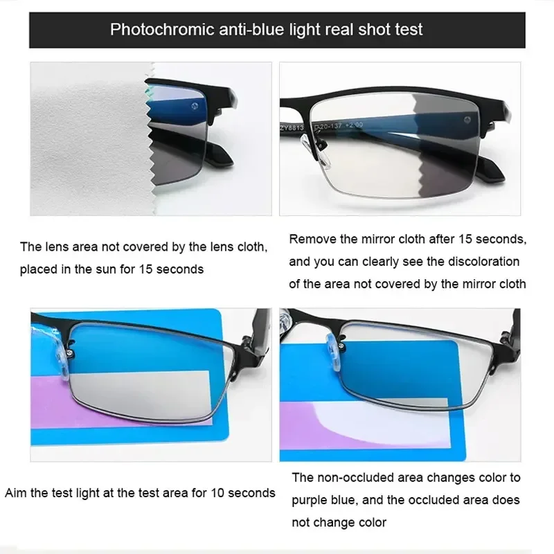 Anti-blue Light Photochromic Far Sight Glasses Business Metal Half Frame Reading Glasses Men High-definition Presbyopia Glasses
