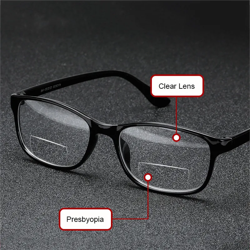 Unisex Square Bifocal Reading Glasses Men Women Vintage Far Near Sighted Eyeglasses Black Frame Clear Lens Presbyopia Eyewear