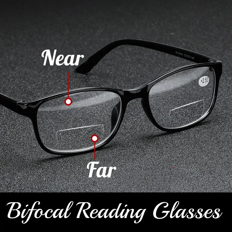 Unisex Square Bifocal Reading Glasses Men Women Vintage Far Near Sighted Eyeglasses Black Frame Clear Lens Presbyopia Eyewear