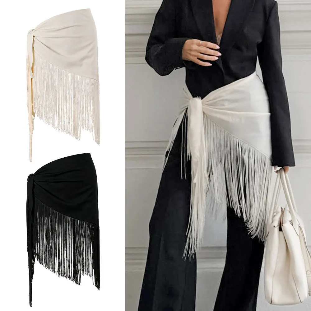 Tassel Wrap Skirt Irregular Cover Up Fringe Lace Up Tie Side Waist Scarf Layered Hip Cover Y2K Streetwear Layering Accessories