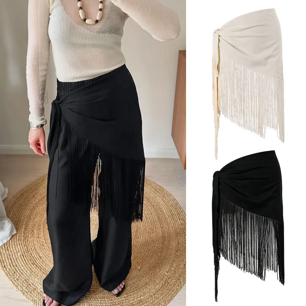 Tassel Wrap Skirt Irregular Cover Up Fringe Lace Up Tie Side Waist Scarf Layered Hip Cover Y2K Streetwear Layering Accessories