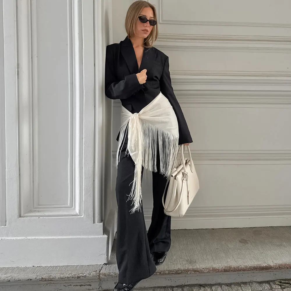 Tassel Wrap Skirt Irregular Cover Up Fringe Lace Up Tie Side Waist Scarf Layered Hip Cover Y2K Streetwear Layering Accessories