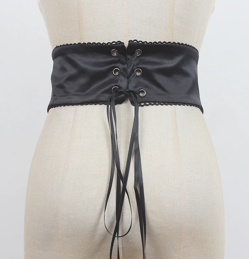 Women's Runway Fashion Black Satin Bandage Cummerbunds Female Dress Corsets Waistband Belts Decoration Wide Belt R2784