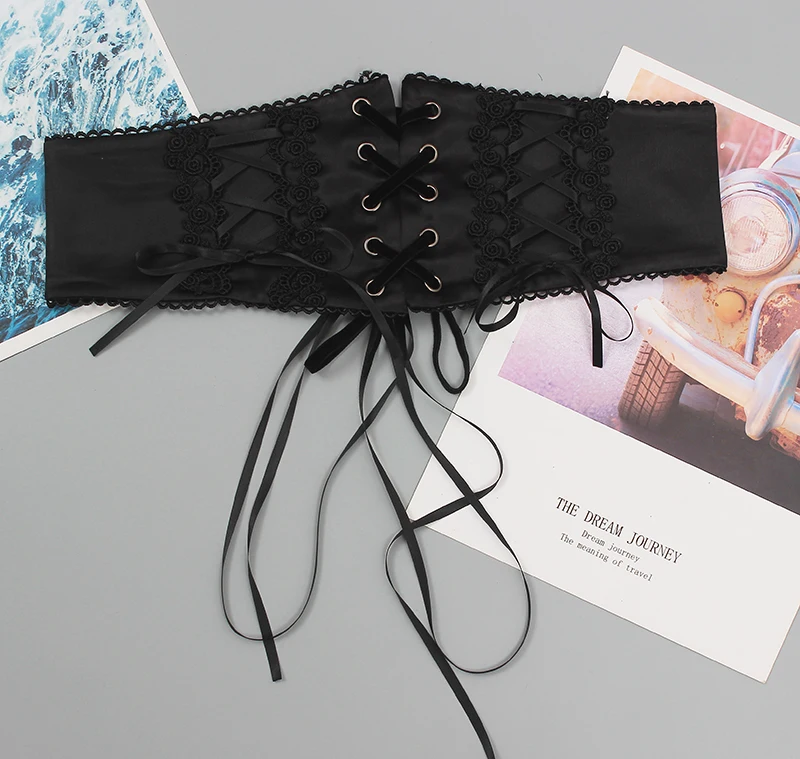 Women's Runway Fashion Black Satin Bandage Cummerbunds Female Dress Corsets Waistband Belts Decoration Wide Belt R2784