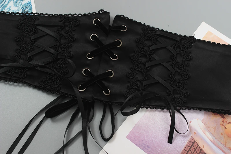 Women's Runway Fashion Black Satin Bandage Cummerbunds Female Dress Corsets Waistband Belts Decoration Wide Belt R2784