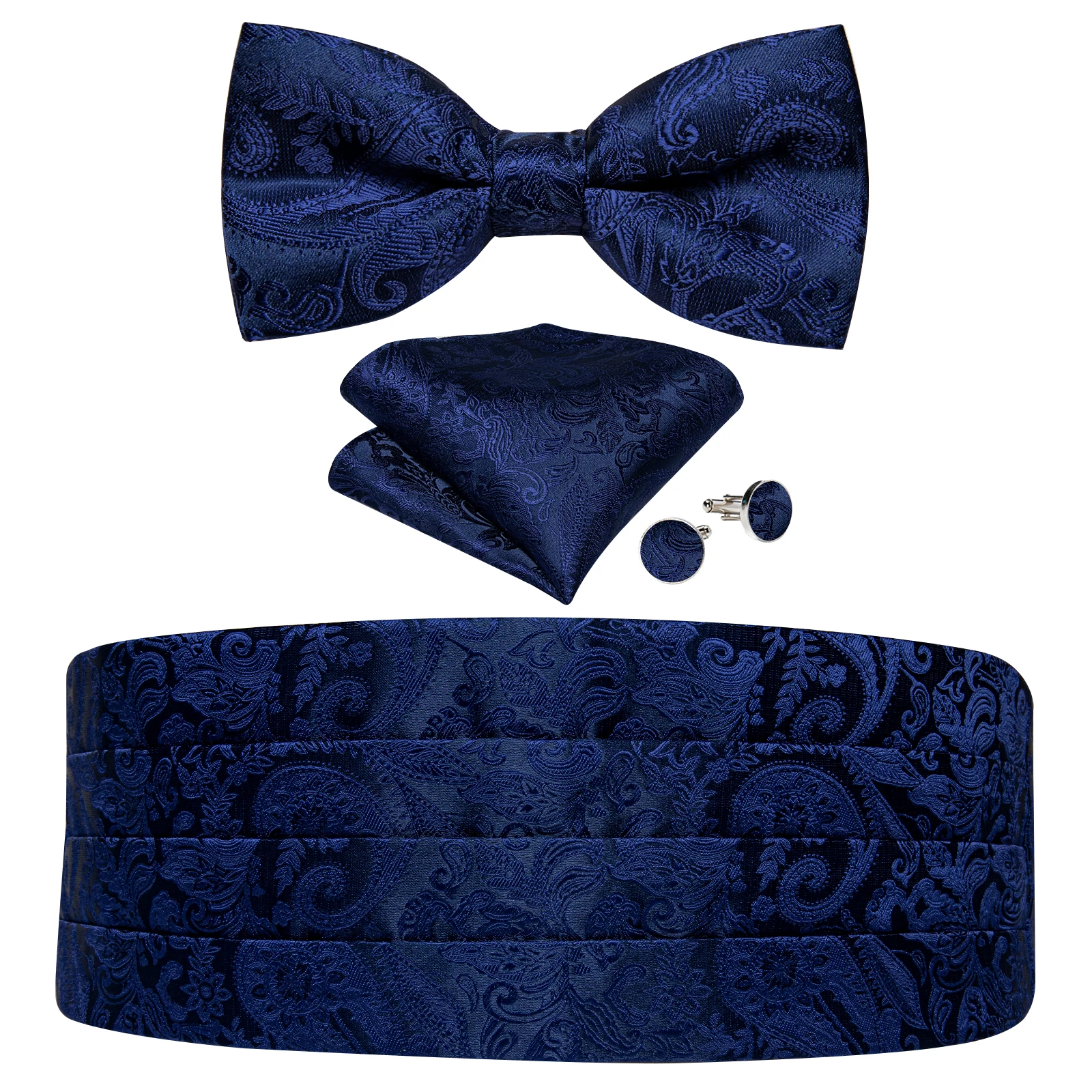 Mens Paisley Cummerbund 4pcs Set, Bow Tie Pocket Square Cufflinks Included, Ideal For Groom Wedding Banquet Formal Occasions