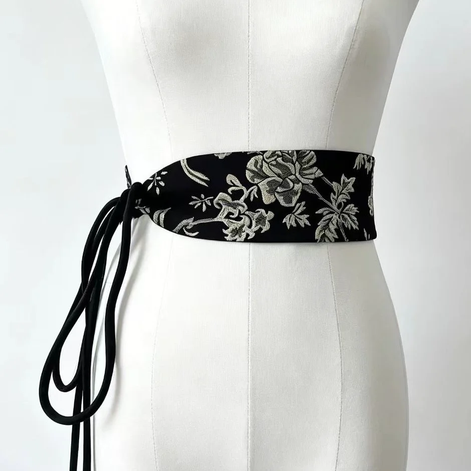New Chinese Style Floral Jacquard Fabric Obi Belt For Women Self Tie Cincher With Flower Buds For Hanfu Dresses Coats Suits Chic