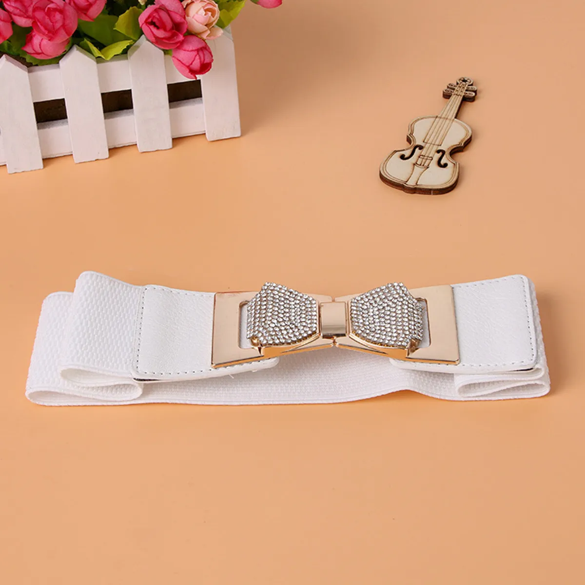 Elegant Wide Waistband with Rhinestone Bow Knot Buckle Elastic Corset Belt for Women Dress Waist Decoration