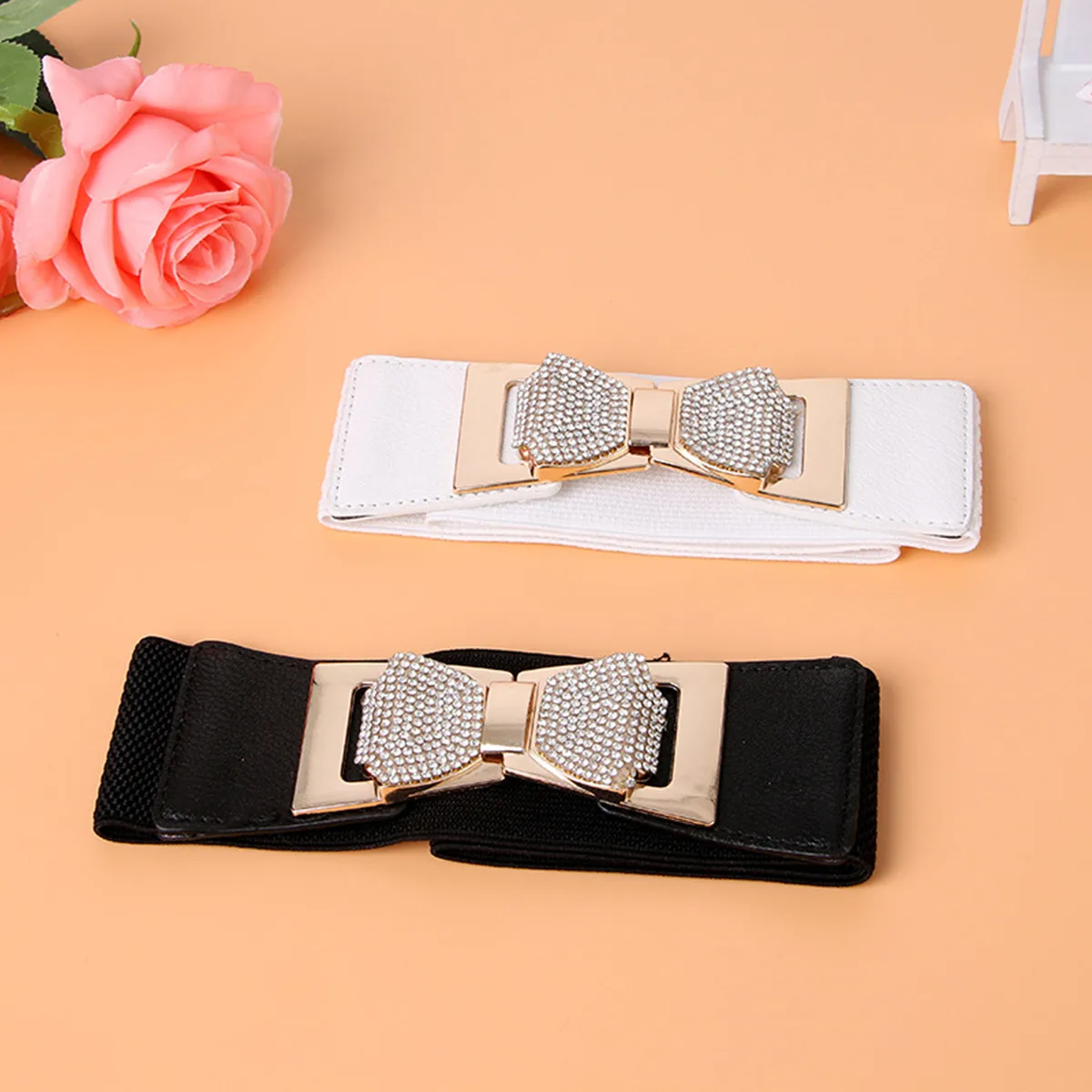 Elegant Wide Waistband with Rhinestone Bow Knot Buckle Elastic Corset Belt for Women Dress Waist Decoration