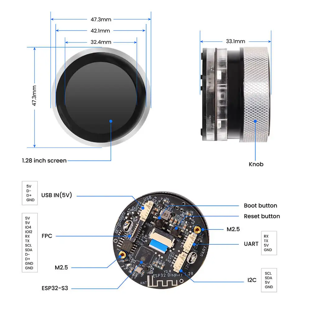 CrowPanel 1.28-inch ESP32 HMI Rotary Display 240x240 IPS Round Touch Knob Screen with UART I2C FPC Interface 2.4G WiFi Support