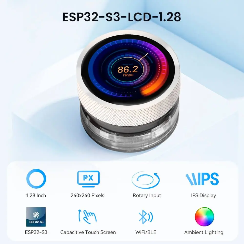 CrowPanel 1.28-inch ESP32 HMI Rotary Display 240x240 IPS Round Touch Knob Screen with UART I2C FPC Interface 2.4G WiFi Support