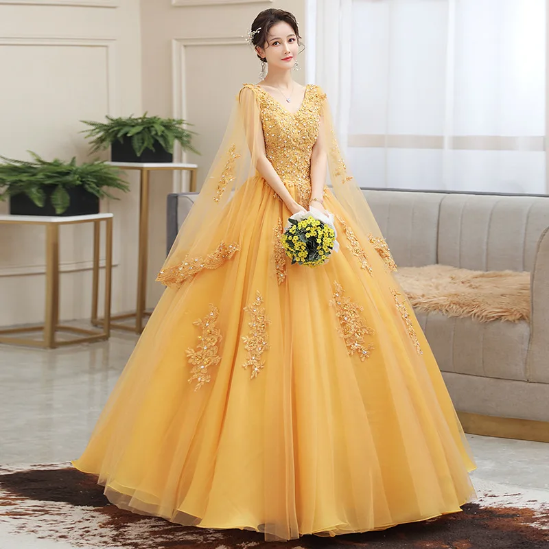 New Gold Embroidery Long Puffy Dress Host Performance Graduation Dress Birthday Party Bride Bridesmaid Dress Prom Dresses