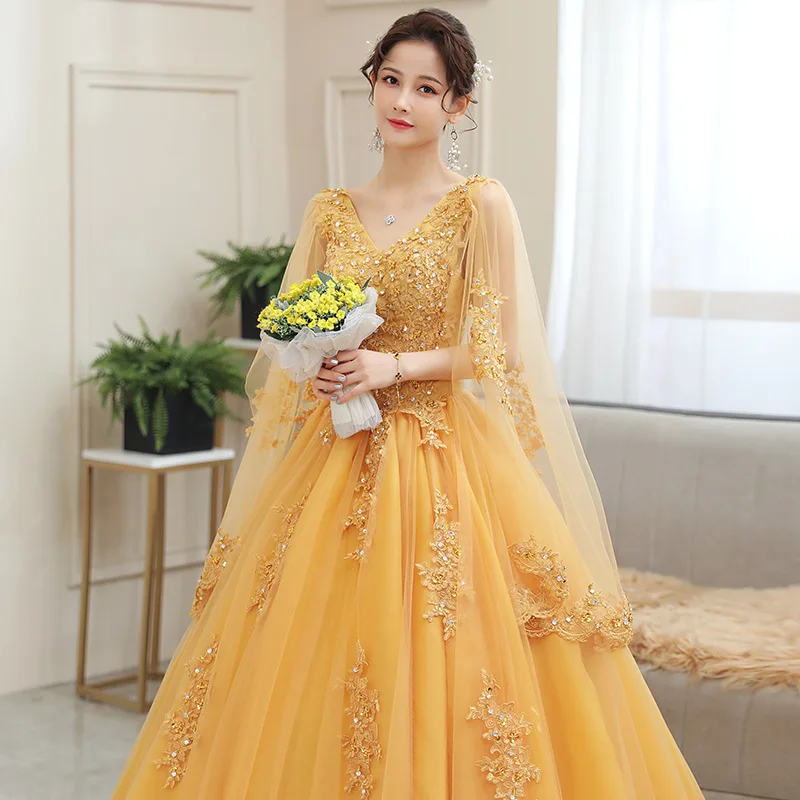 New Gold Embroidery Long Puffy Dress Host Performance Graduation Dress Birthday Party Bride Bridesmaid Dress Prom Dresses