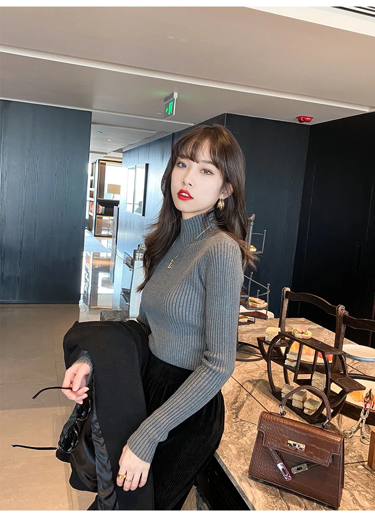Winter Long Sleeve Mock Neck Knitted Women Sweater Pullover Slim Knit Sweater Women Tops Blusas Mujer De Moda 2024 Blusa J995
