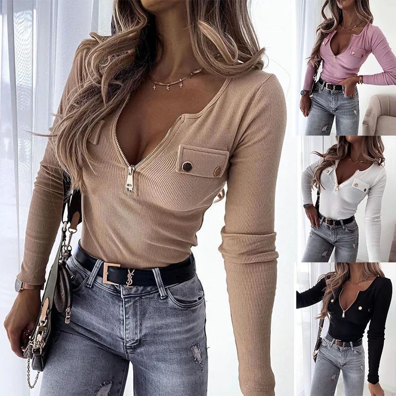 Woman's Tshirts cheap spring/summer knit solid color long sleeve zipper V neck Ladies Tops t-shirt dropshipping LTHTT7263XH