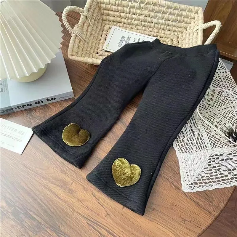 Kids Girls' Autumn Winter New Pants Baby Heart Decorations Thickened Fleece-Lined Stylish Flared Pant Long Pants for Outdoors