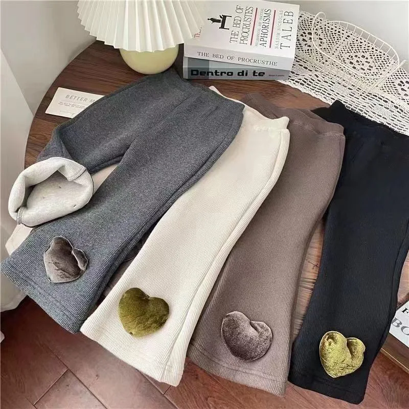Kids Girls' Autumn Winter New Pants Baby Heart Decorations Thickened Fleece-Lined Stylish Flared Pant Long Pants for Outdoors